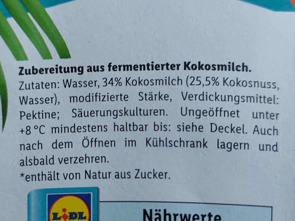 Zutatenliste Joghurt-Alternative aus Kokos