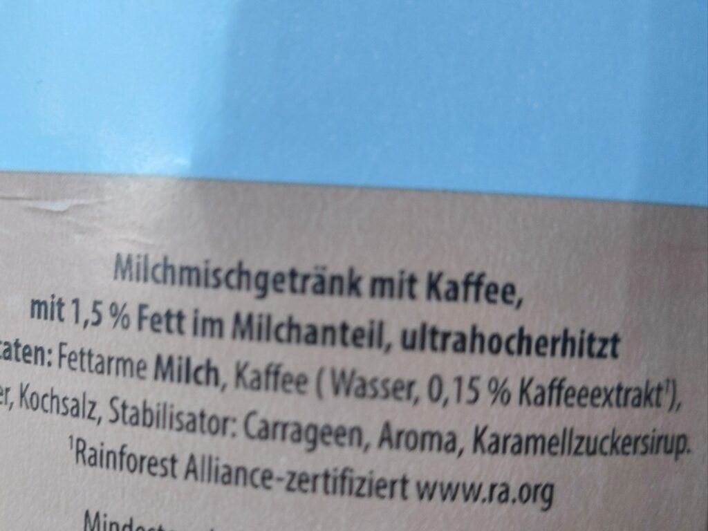 Zutatenliste Eiskaffee mit Kaffeeextrakt