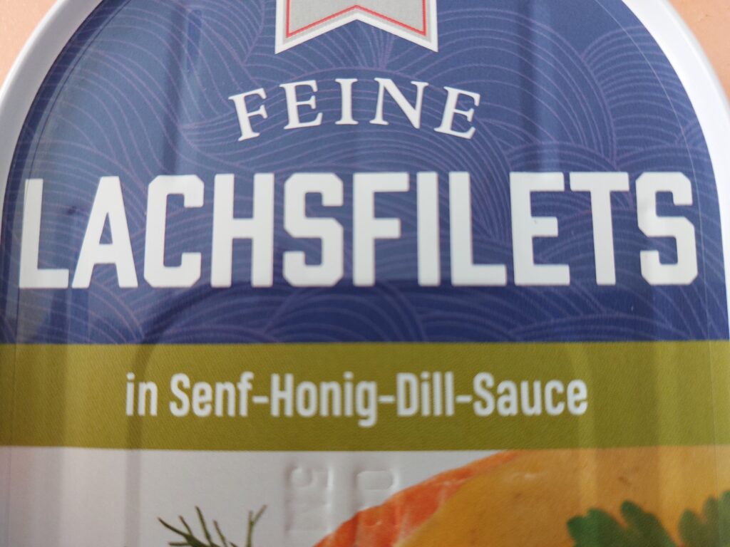 Etikett Lachsfilet in Honig-Senf-Dill-Sauce in Dose
